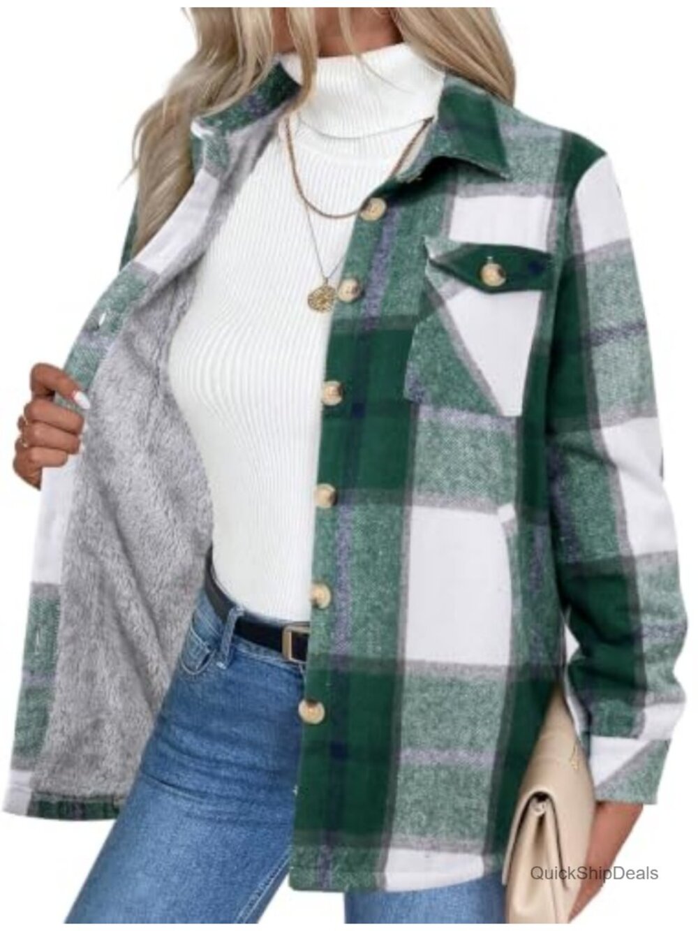 Sherpa Lined Fleece Plaid Jacket for Women with Pockets